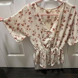 Short Sleeve Cream Pink Floral Blouse